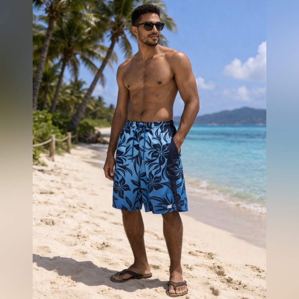 Nike Swim Shorts Mens M Blue Floral Tropical Board Shorts Beach Surf